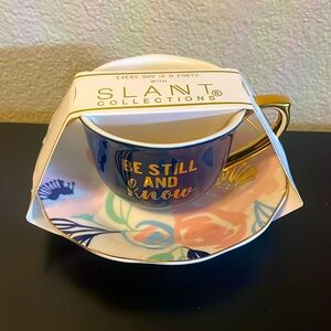 NWT Beautiful “Be Still and Know” Tea Cup and Saucer. 5oz. 3.5” diameter 4.9” h